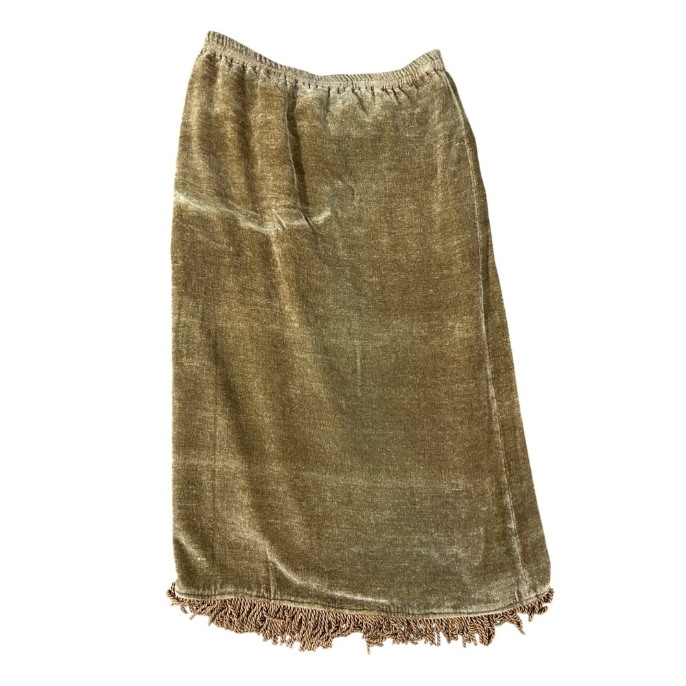 Indigo Moon Olive Green Velvet Fringe Midi Skirt Womens Medium Elastic Waist
